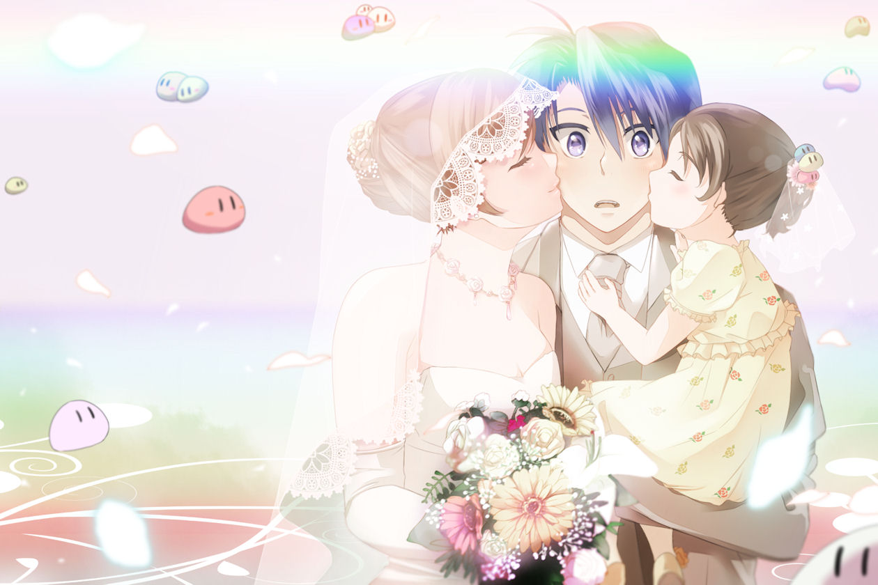 blue_hair, bouquet, brown_hair, carrying, clannad, closed_eyes, dango_daikazoku, dress, eyes_closed, family, flower, formal, furukawa_nagisa, happy_birthday, kuro_haruka?, kuro_haruka_8, kuro_harukaã¢â€˜â§, kuro_harukaâ‘§, okazaki_tomoya, okazaki_ushio, purple_eyes, short_hair, suit, veil, violet_eyes, wedding_dress