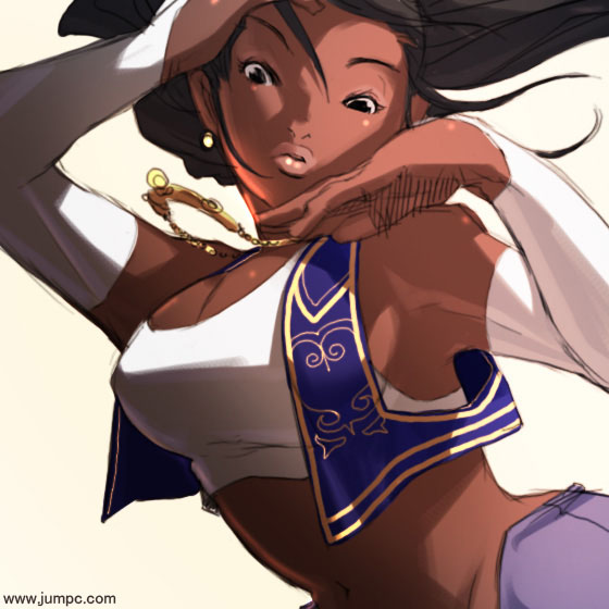 arabian_clothes, black_hair, breasts, bridal_gauntlets, cleavage, crop_top, dark_skin, earrings