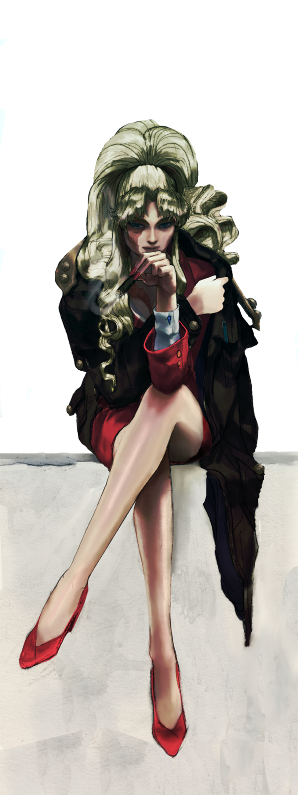 balalaika, black_lagoon, blonde_hair, blue_eyes, cigar, crossed_legs, formal, high_heels