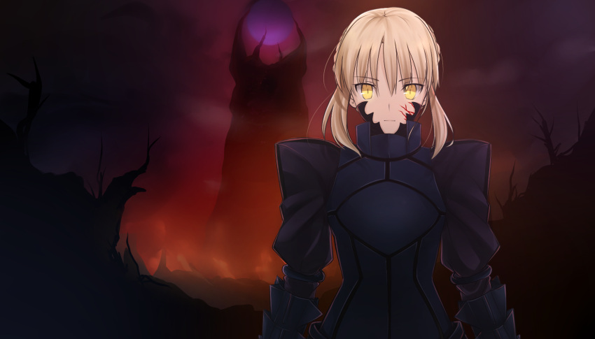 armor, armored_dress, blonde_hair, dress, fate/stay_night, fate_(series), great_grail, highres, ladymarta, saber, saber_alter, solo, yellow_eyes