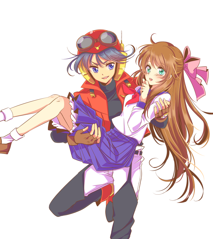 1girl, black_hair, blue_dress, blue_eyes, blush, bow, brown_hair, carrying, dress, female, fingerless_gloves, gloves, goggles, green_eyes, hair_bow, helmet, jacket, long_hair, male, pants, princess_carry, school_uniform, senpuuji_maito, serafuku, shirt, shoes, smile, standing_on_one_leg, uruu_(sweetishdrop), white_background, yoshinaga_sally, yuusha_series, yuusha_tokkyuu_might_gaine