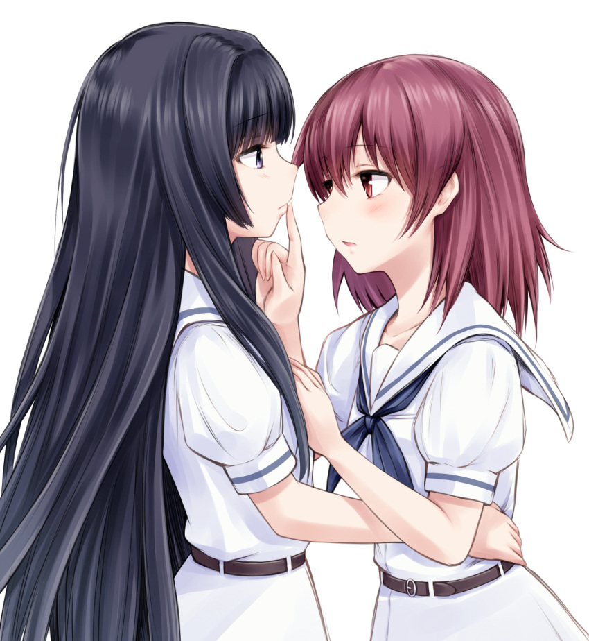 belt, black_eyes, black_hair, finger_to_another's_mouth, finger_to_mouth, hand_on_another's_hip, hand_on_another's_hip, highres