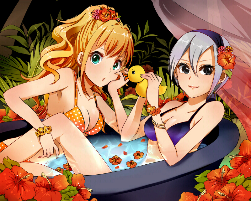 aqua_eyes, bath, bathtub, bikini, breasts, character_request, cleavage, flower, grey_eyes, hair_flower, hair_ornament, hino_akane_(idolmaster), idolmaster, idolmaster_cinderella_girls, looking_at_viewer, masaki_(celesta), multiple_girls, ootsuki_yui, rubber_duck, shiomi_shuuko, silver_hair, smile, swimsuit