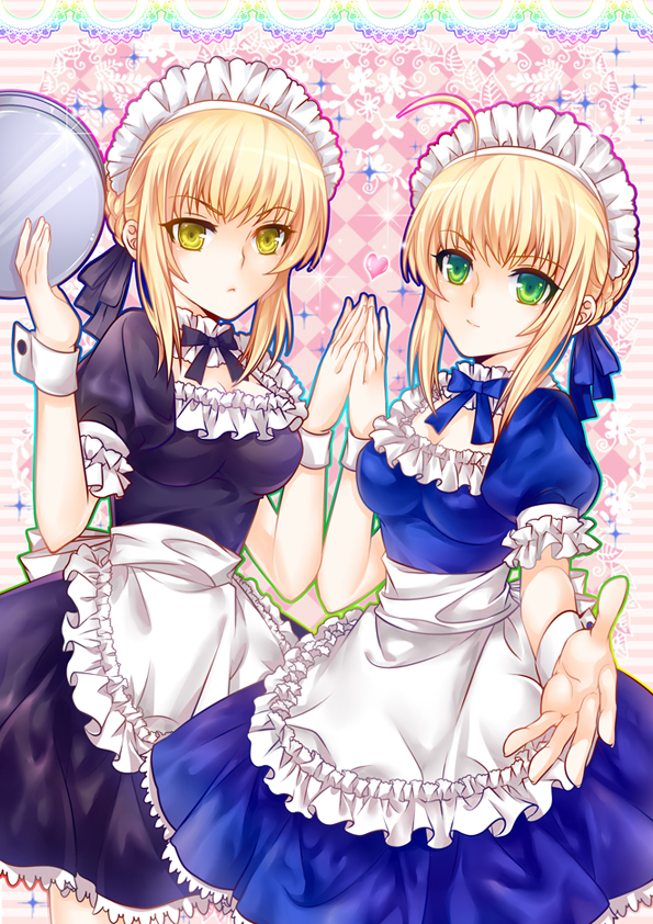 ahoge, apron, blonde_hair, breasts, dark_persona, dual_persona, fate/stay_night, fate_(series)