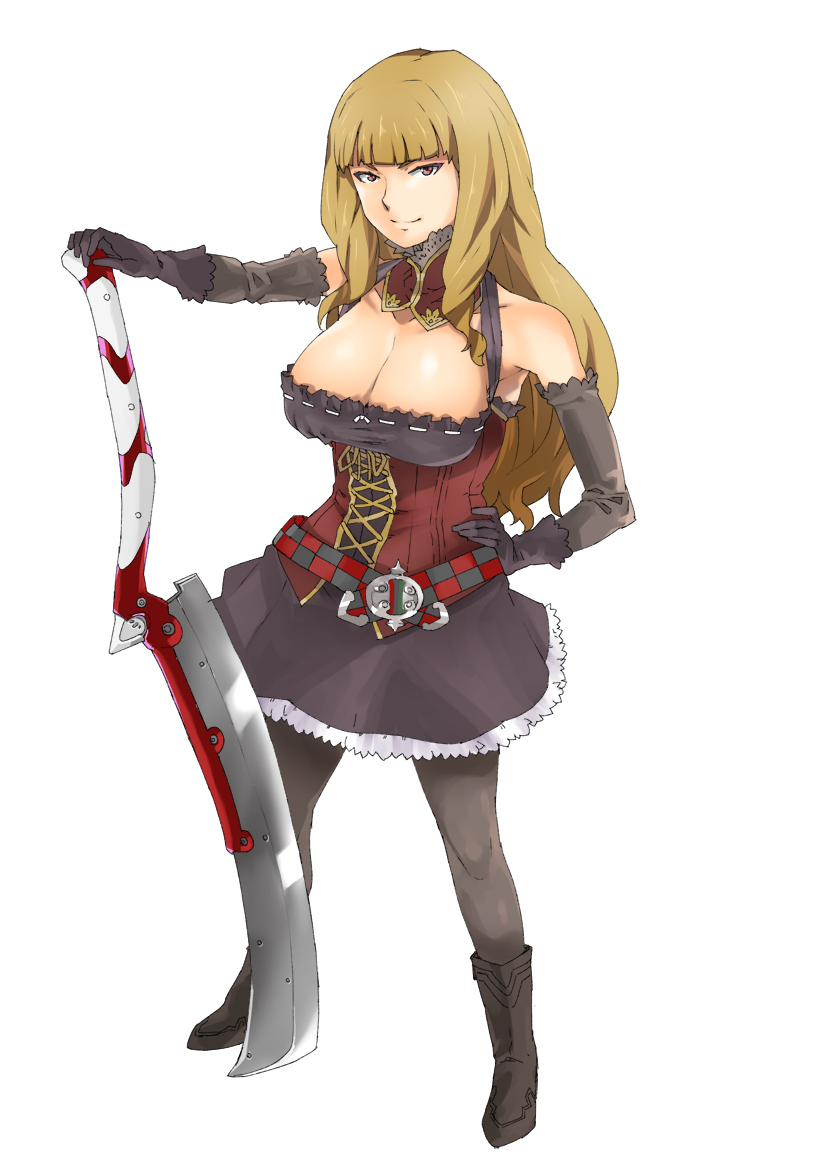 bare_shoulders, belt, black_legwear, boots, breasts, brown_eyes, brown_hair, cleavage, elbow_gloves, gloves, jack_hamster, large_breasts, looking_at_viewer, magical_grim, original, pantyhose, simple_background, skirt, smile, solo, straight_razor, sword, weapon, white_background