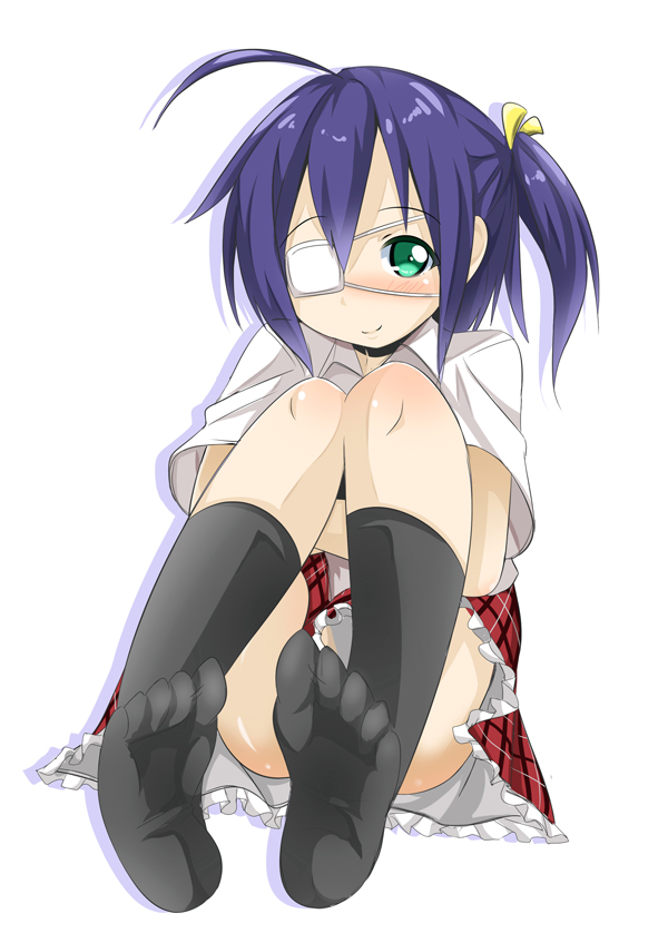 ahoge, blue_hair, censored, chuunibyou_demo_koi_ga_shitai!, convenient_censoring, convenient_foot, convenient_leg, eyepatch