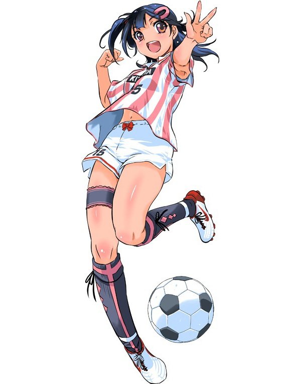 ball, black_hair, brown_eyes, character_request, cleats, clenched_hand, hair_ornament, hairclip