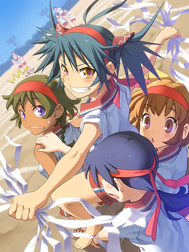 4girls, bare_shoulders, barefoot, black_hair, blush, brown_eyes, brown_hair, chestnut_mouth
