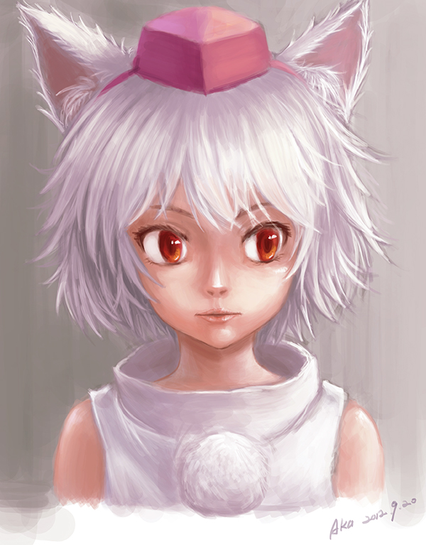 aka_(rosedream), animal_ears, bust, inubashiri_momiji, lips, orange_eyes, signature, solo, touhou, wolf_ears
