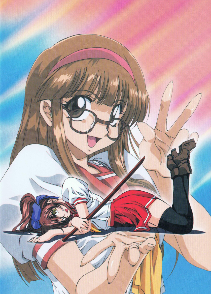 2girls, absurdres, black_legwear, bokken, boots, bow, brown_eyes, brown_hair