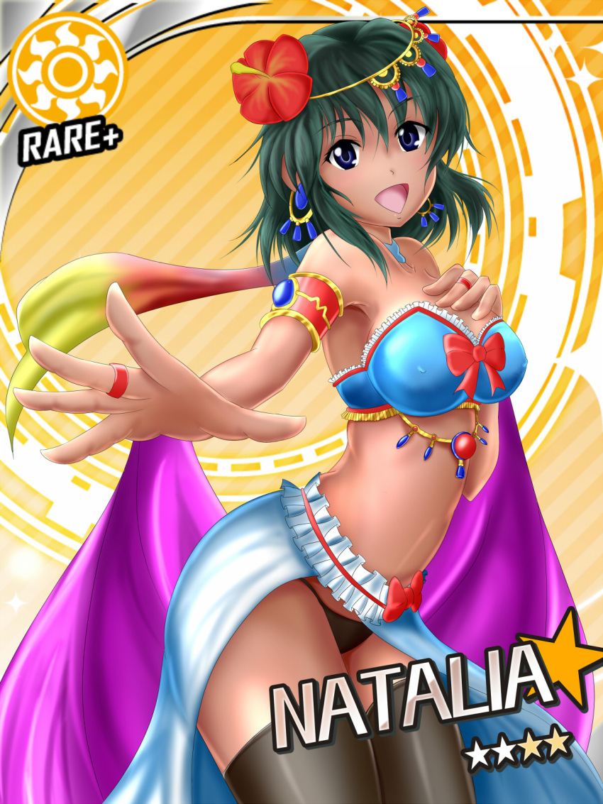 :d, armband, bare_shoulders, big_kapipara, black_hair, black_legwear, breasts, dark_skin