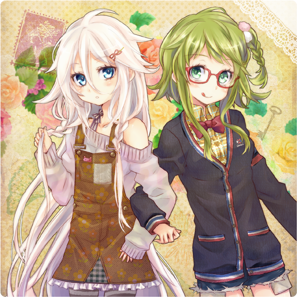 :q, bespectacled, braid, glasses, green_eyes, green_hair, gumi, hair_ornament, hairclip, ia_(vocaloid), looking_at_viewer, mikippa, multiple_girls, pink_hair, short_hair, shorts, skirt, smile, sriped_legwear, striped, striped_legwear, tongue, twin_braids, vocaloid
