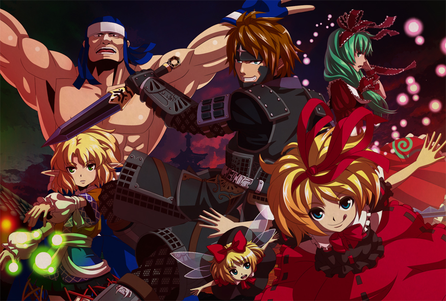 3girls, :d, arm_warmers, blonde_hair, blue_eyes, bow, brown_hair, dagger