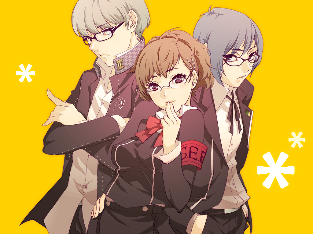 arisato_minato, armband, bespectacled, bow, brown_hair, crossed_arms, female_protagonist_(persona_3), glasses