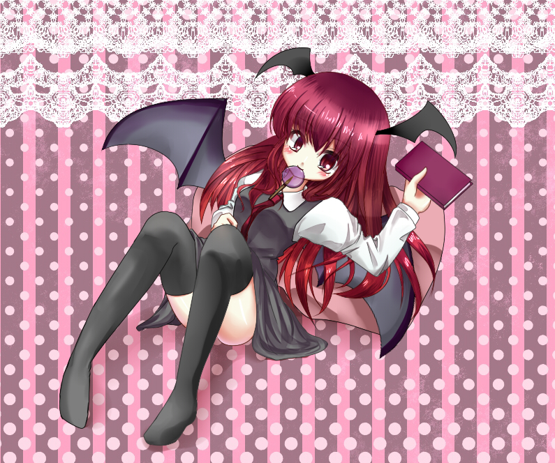 bat_wings, blush, book, candy, head_wings, koakuma, lollipop, long_hair, long_sleeves, necktie, oumi_hi, red_eyes, red_hair, redhead, smile, solo, touhou, wings