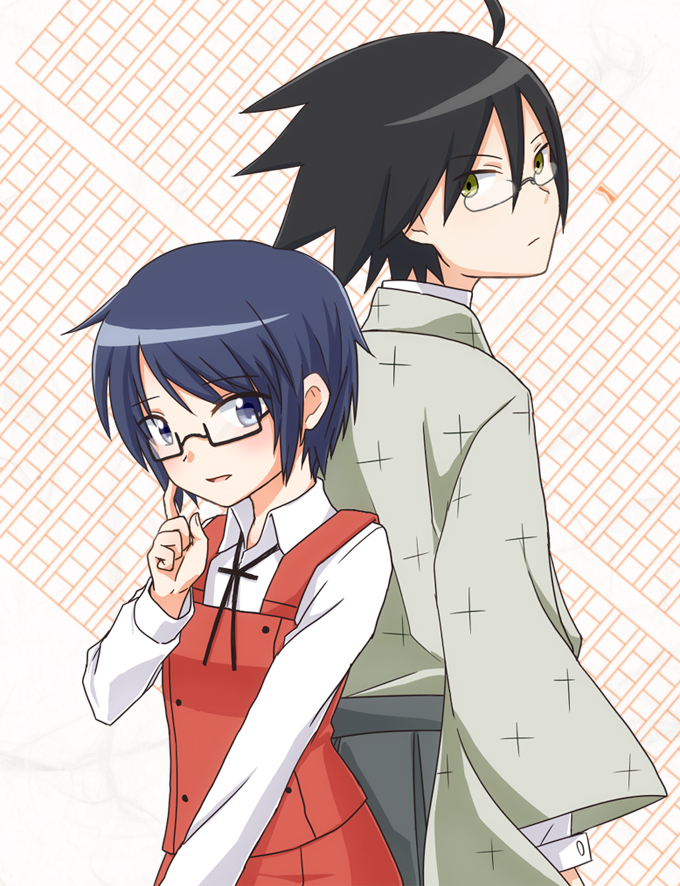 black_hair, blue_eyes, blue_hair, company_connection, crossover, glasses, hidamari_sketch, itoshiki_nozomu