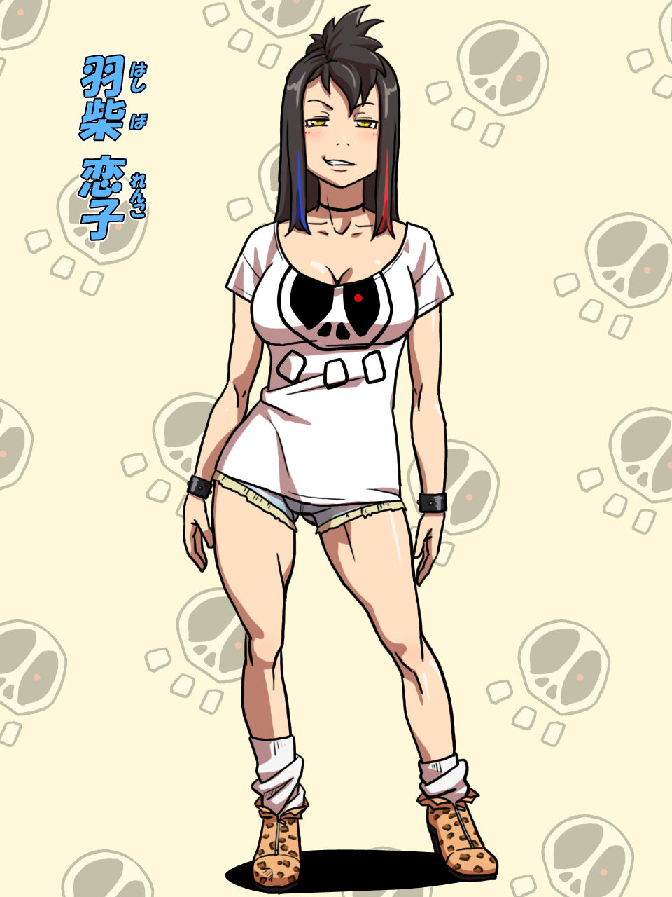 black_hair, breasts, character_name, choker, cleavage, cuffs, furigana, habatakuhituji, hashiba_koiko, hashiba_renko, highres, leopard_print, long_hair, multicolored_hair, original, short_shorts, shorts, smile, socks, solo, yellow_eyes