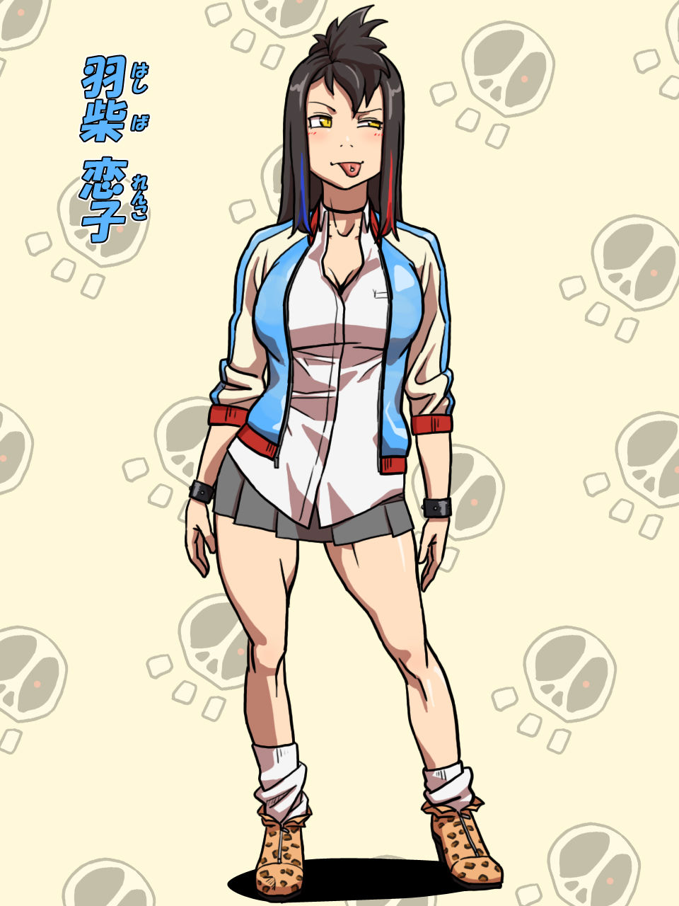 black_hair, breasts, character_name, choker, cleavage, cuffs, furigana, habatakuhituji