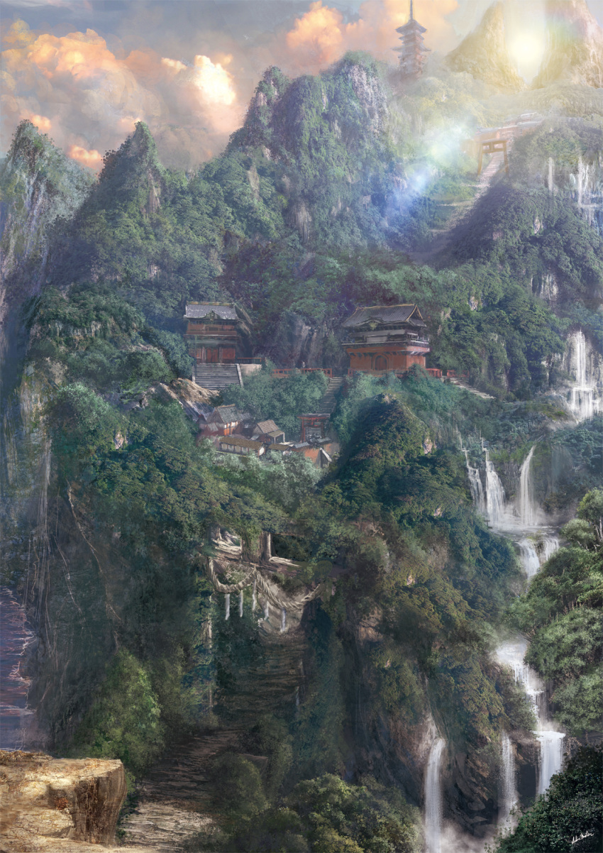 clouds, east_asian_architecture, highres, matsura_ichirou, mountain, nature, no_humans, original