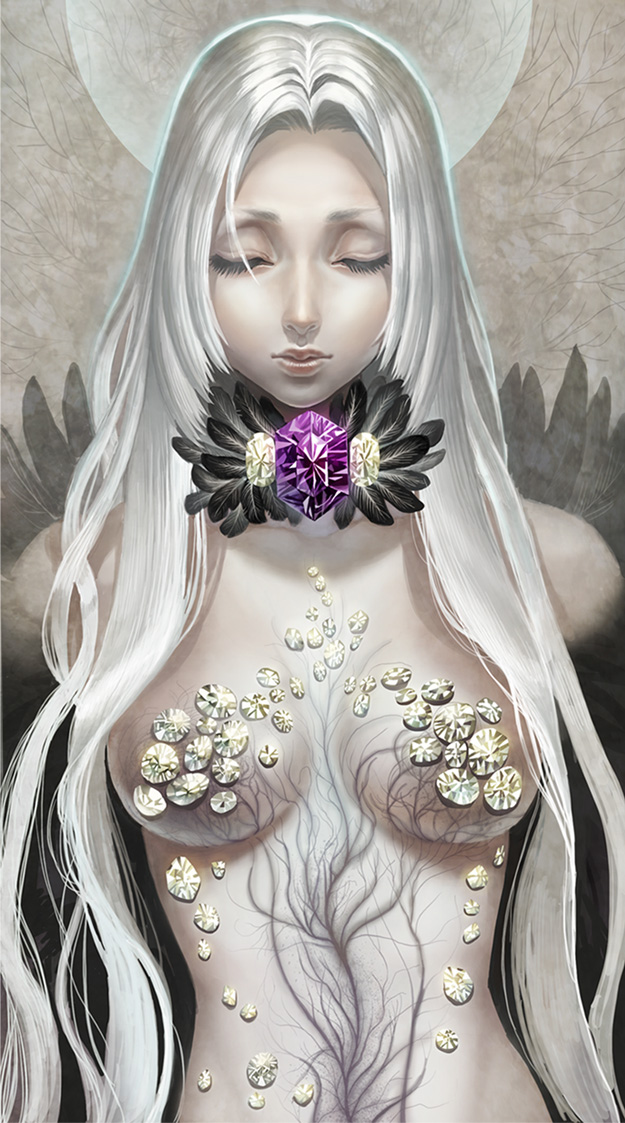 baby-doll, choker, closed_eyes, eyes_closed, feathers, gem, long_hair, original