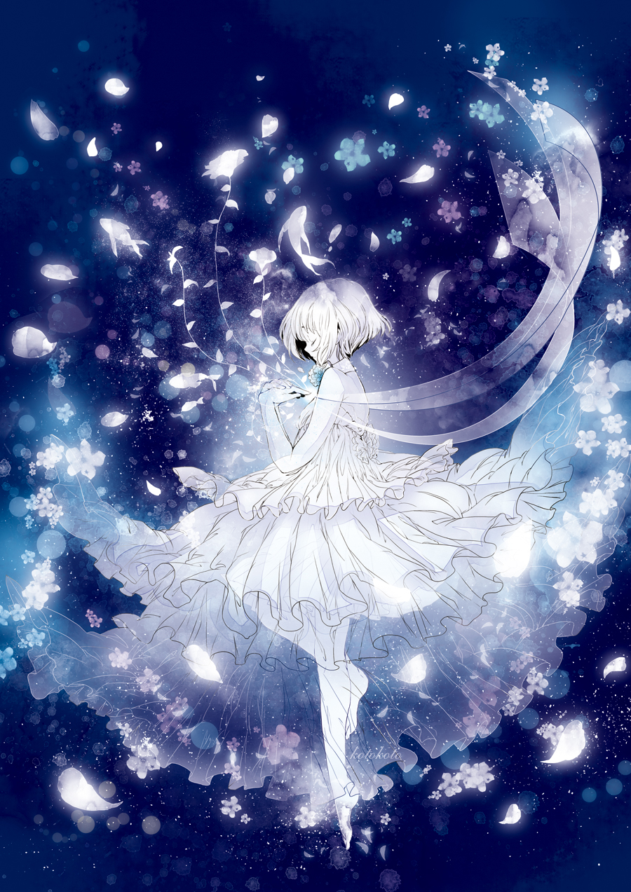 blue, closed_eyes, dress, eyes_closed, floating, flower, hands_clasped, highres
