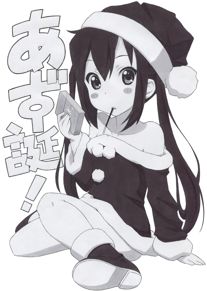 bare_shoulders, hat, k-on!, long_hair, monochrome, nakano_azusa, pocky, santa_costume, santa_hat, shirohebidou, twintails