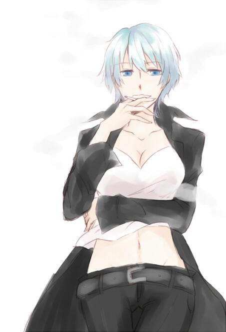 1girl, blue_eyes, blue_hair, breasts, cigarette, cleavage, fate/zero, fate_(series)