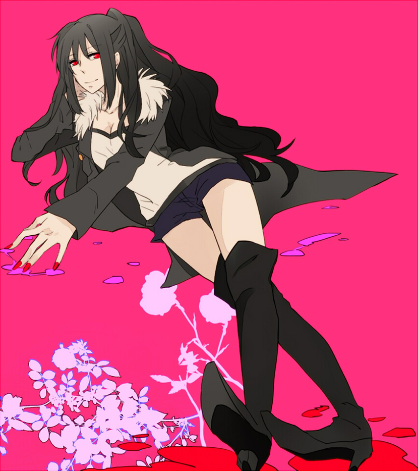 1girl, black_hair, black_jacket, boots, coat, fate/prototype, fate_(series), fur_trim, jacket, long_hair, nagoneharuki, nail_polish, ponytail, red_eyes, reiroukan_misaya, shorts, solo, thigh-highs, thigh_boots, thighhighs
