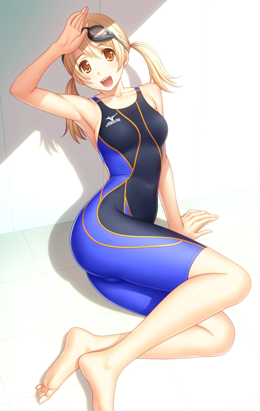 :d, arm_up, armpits, barefoot, blonde_hair, breasts, collarbone, competition_swimsuit