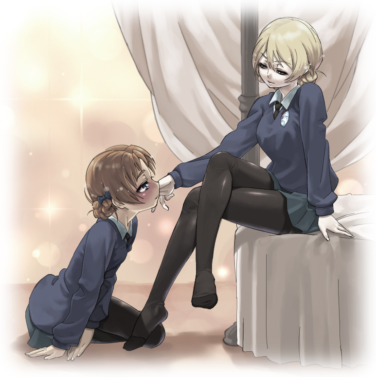 blazer, blonde_hair, blue_eyes, blush, braid, brown_hair, character_request, crossed_legs