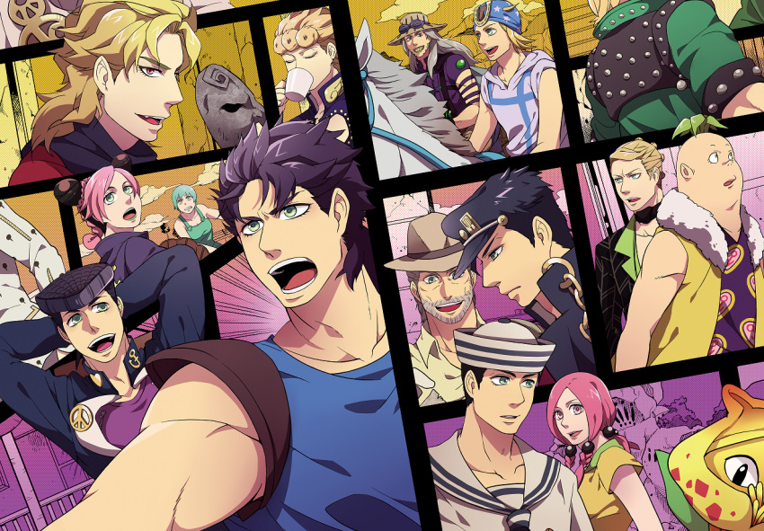 blonde_hair, bruno_bucciarati, caesar_anthonio_zeppeli, dio_brando, dixie_cup_hat, foo_fighters, giorno_giovanna, gyro_zeppeli
