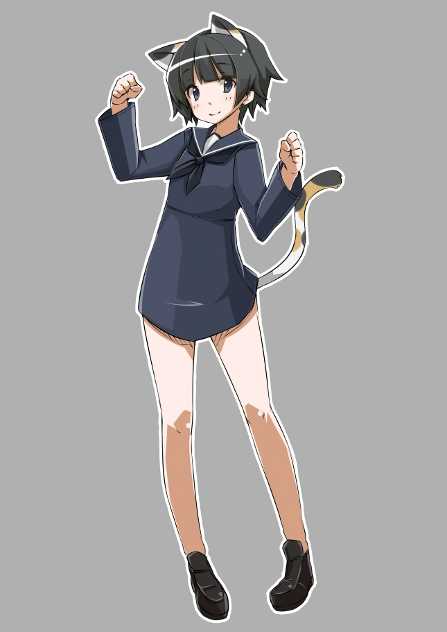 animal_ears, arms_up, black_eyes, black_hair, cat_ears, cat_tail, grey_background, nacl