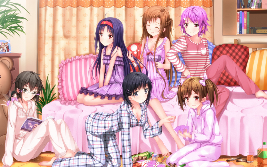 :d, asada_shino, asuna_(sao), asuna_(sword_art_online), barefoot, bed, black_eyes, black_hair