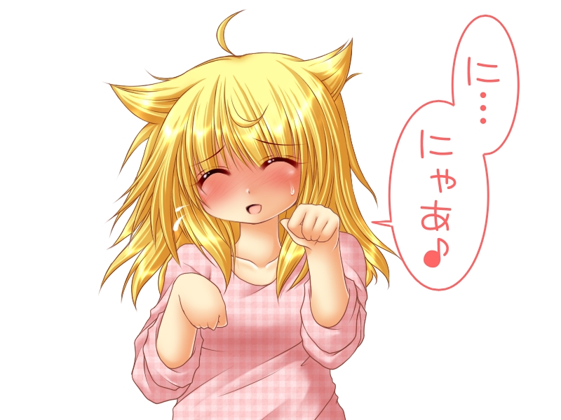 ^_^, ahoge, alternate_costume, animal_ears, blonde_hair, blush, cat_ears, checkered_shirt