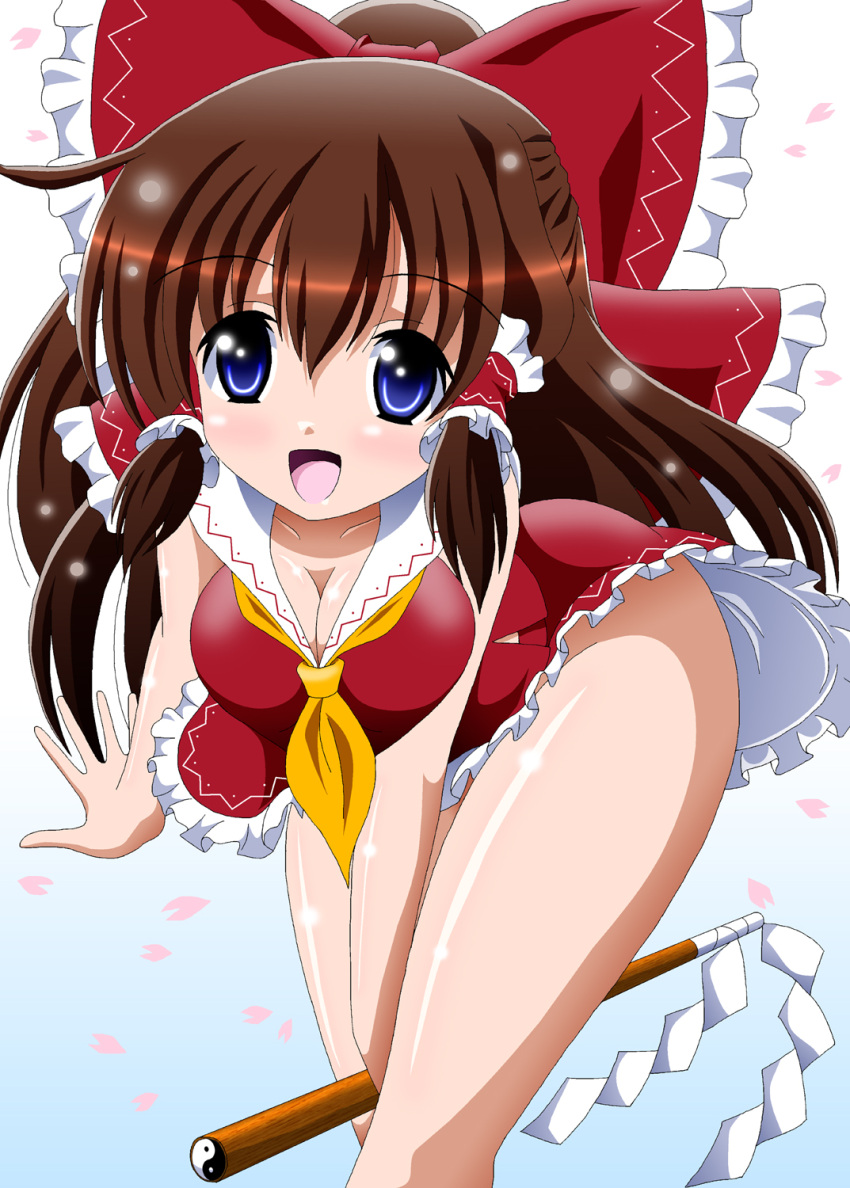 ascot, bent_over, between_legs, blue_eyes, bow, breasts, brown_hair, cleavage