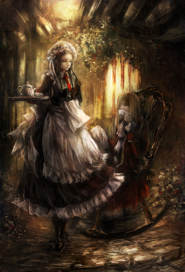 1girl, apron, brown_hair, chair, closed_eyes, cup, eyes_closed, flower