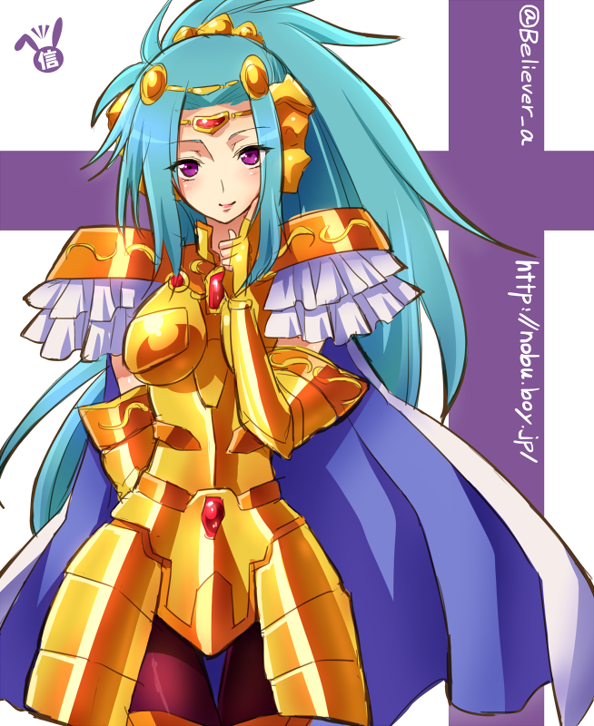 1girl, arai_nobu, armor, blue_hair, cape, female, gemini_paradox, long_hair