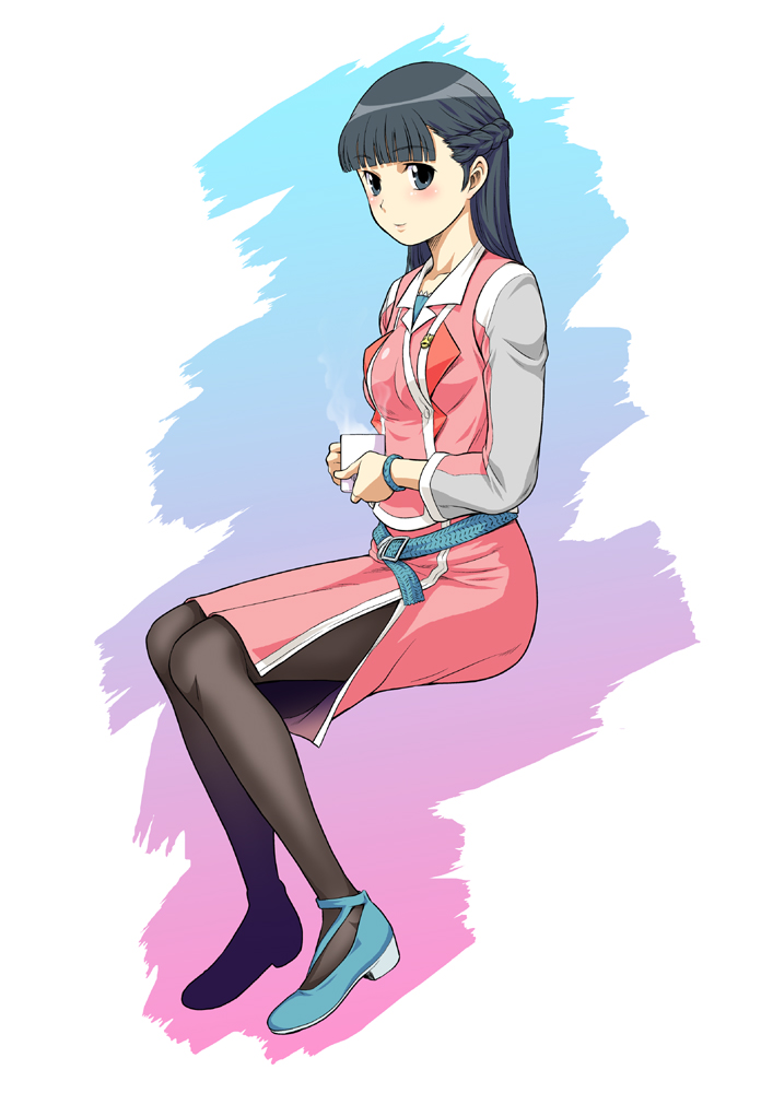 belt, blue_eyes, blue_hair, blush, bracelet, chousoku_henkei_gyrozetter, coffee_mug, collarbone