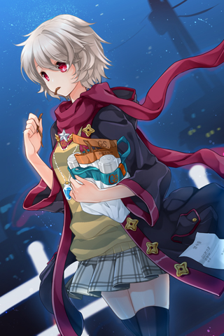 black_legwear, eating, gs_1st_star, holding, jewelry, juna, lowres, necklace, night, open_mouth, outdoors, plastic_bag, pleated_skirt, red_eyes, scarf, short_hair, skirt, star, sweater, sword_girls, thigh-highs, thighhighs, walking, white_hair