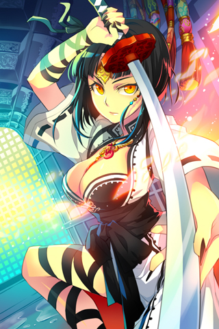 black_hair, blunt_bangs, breasts, cleavage, holding, jian_(weapon), leg_up, long_hair, lowres, nail_polish, orange_eyes, selil, sword, sword_girls, tassel, weapon