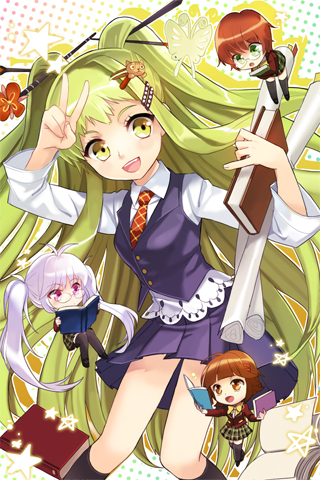 amrita, antenna_hair, black_legwear, blazer, book, bow, brown_hair, butterfly