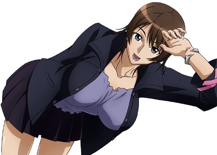 1girl, brown_hair, goridou, grey_eyes, large_breasts, open_mouth, short_hair, skirt