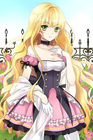 bare_shoulders, black_legwear, blonde_hair, breasts, choker, cleavage, collarbone, detached_sleeves, flower, frills, gloves, green_eyes, layered_dress, long_hair, lowres, m-ca, mca, outdoors, pantyhose, pleated_dress, seven, smile, sword_girls, very_long_hair, wavy_hair
