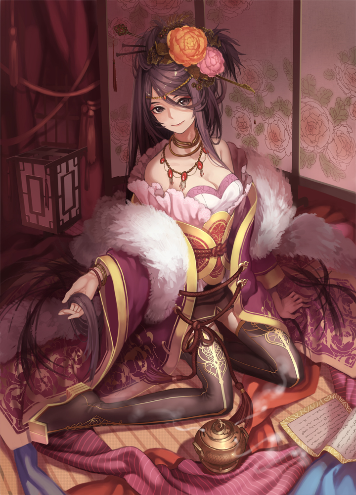 bare_shoulders, black_eyes, black_hair, black_legwear, breasts, cleavage, copyright_request, curtains