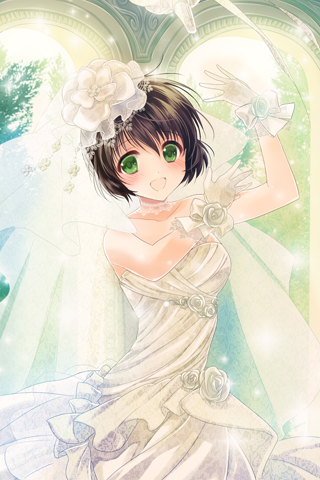 arms_up, asmis, bare_shoulders, blush, brown_hair, collarbone, dress, flower