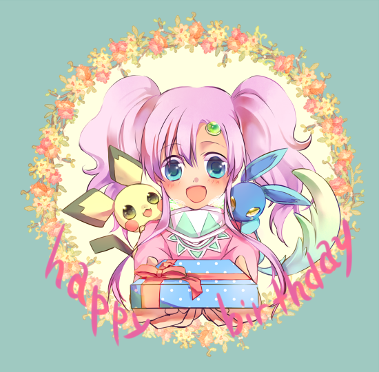 0apple00, 1girl, :d, alternate_eye_color, blue_background, blue_eyes, blush, creature