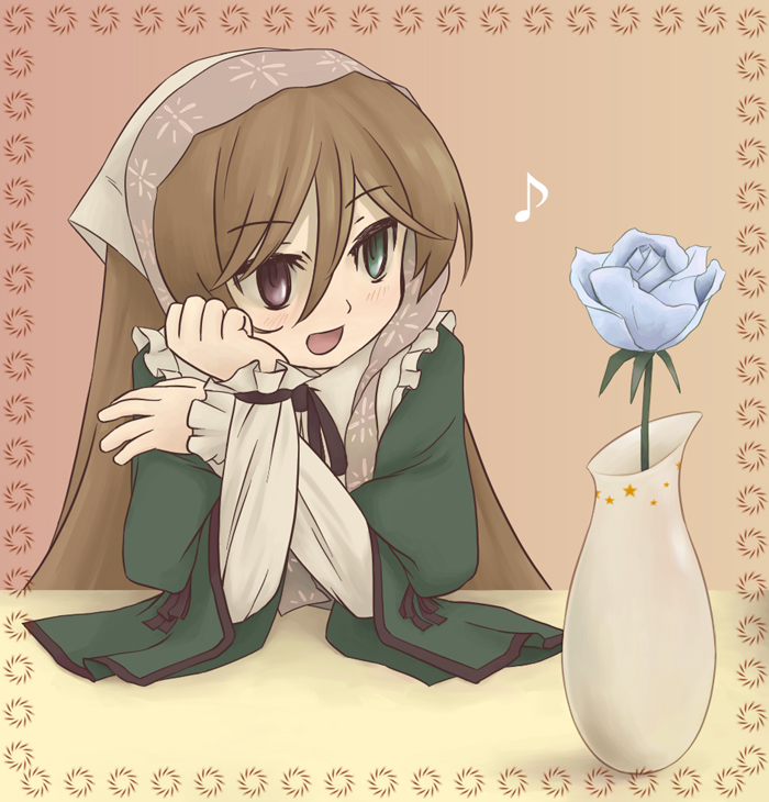 brown_hair, dress, flower, hairband, heterochromia, kumashiro, long_hair, musical_note