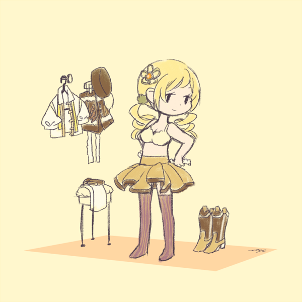 ankaris, beret, blonde_hair, boots, chair, clothes_hanger, corset, dressing, drill_hair, hair_ornament, hat, magical_girl, mahou_shoujo_madoka_magica, solo, soul_gem, thigh-highs, thighhighs, tomoe_mami, twin_drills, vertical-striped_legwear, vertical_stripes, yellow_background