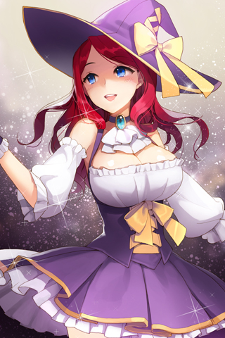 bangs, blue_eyes, bow, breasts, brooch, choker, cleavage, detached_sleeves, frilled_skirt, frills, grin, hat, hat_bow, jewelry, long_hair, lowres, open_mouth, outstretched_arm, parted_bangs, pleated_skirt, red_hair, redhead, ribbon, rihanna, salt_(salty), skirt, smile, sword_girls, wavy_hair, witch, witch_hat