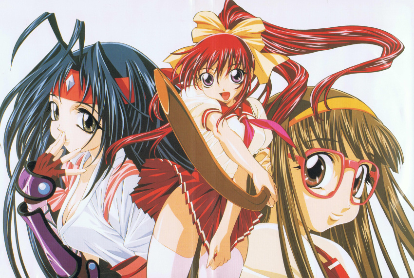 3girls, absurdres, antenna_hair, armor, black_hair, bokken, bow, breasts